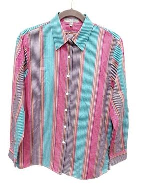 Foxcroft Button Down Top Women's 10 Wrinkle Free Classic Fit Bold Stripe Office